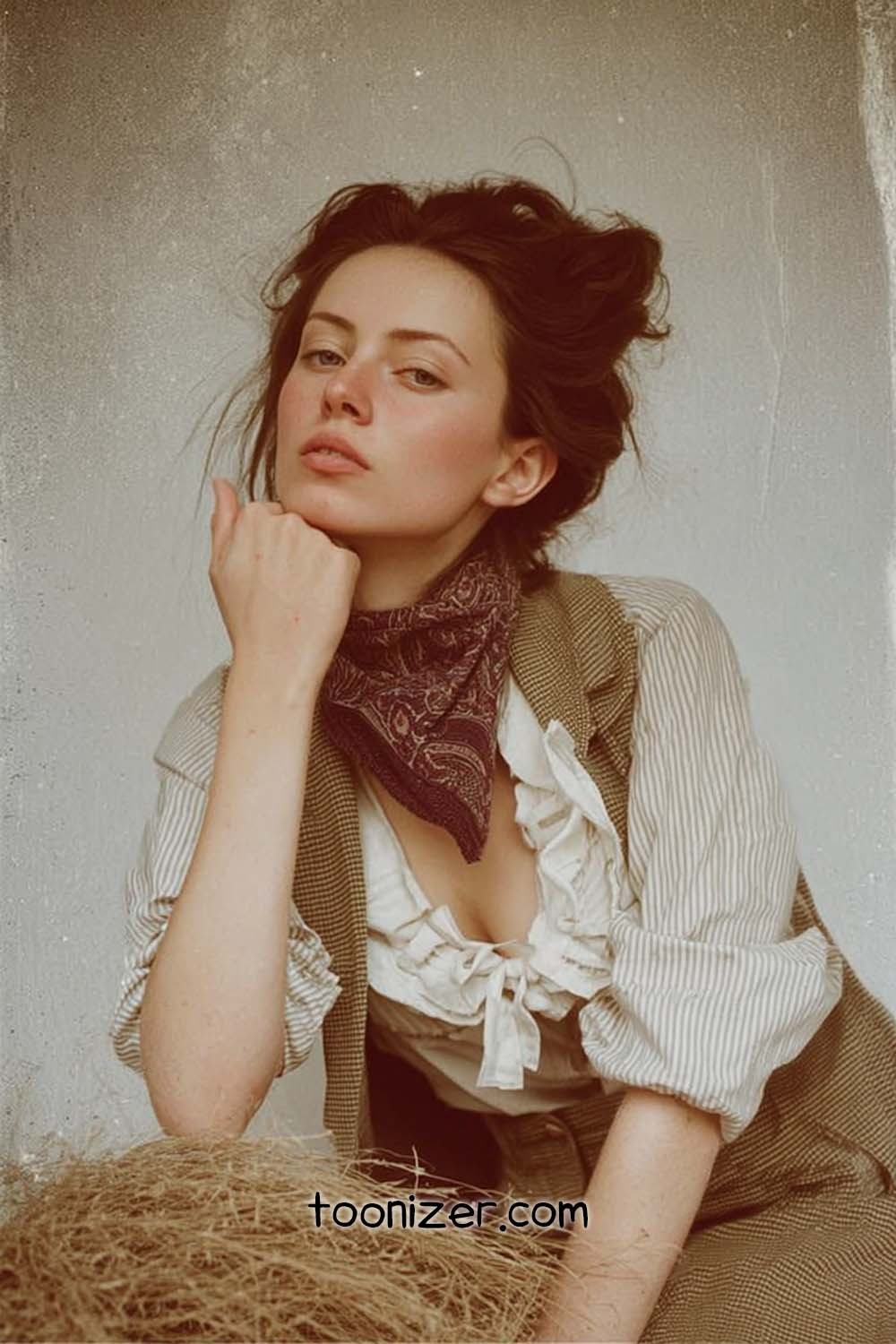 Woman in vintage outfit posing indoors