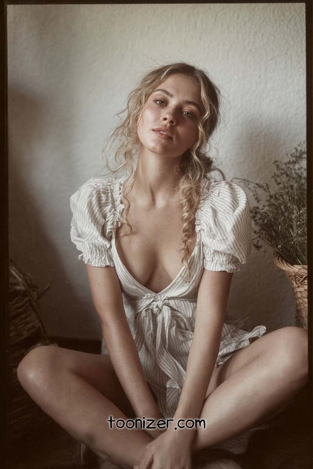 Woman in white dress sitting indoors