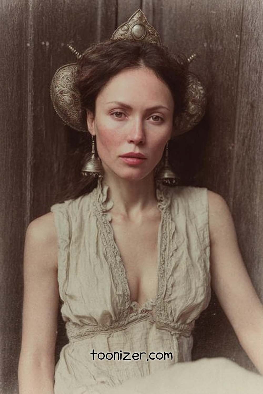 Woman in vintage attire with ornate headpiece
