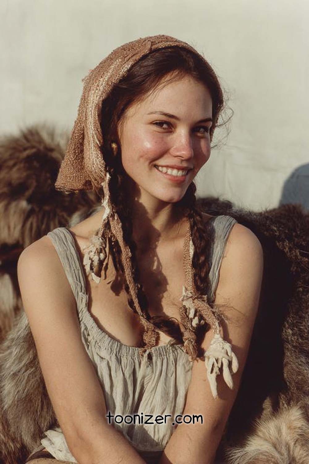 Smiling woman in rustic attire with braided hair