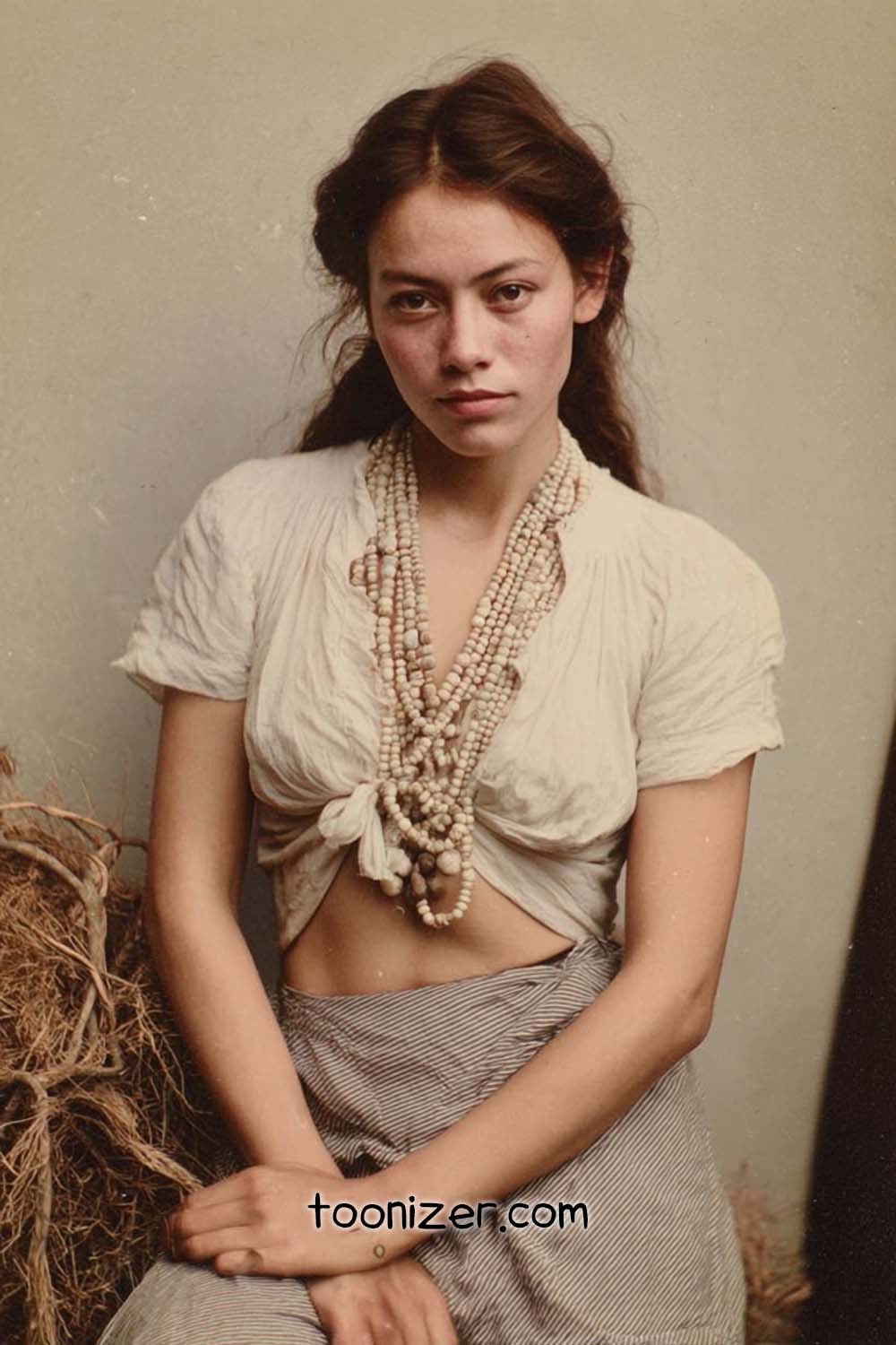 Woman in vintage attire with bead necklaces.