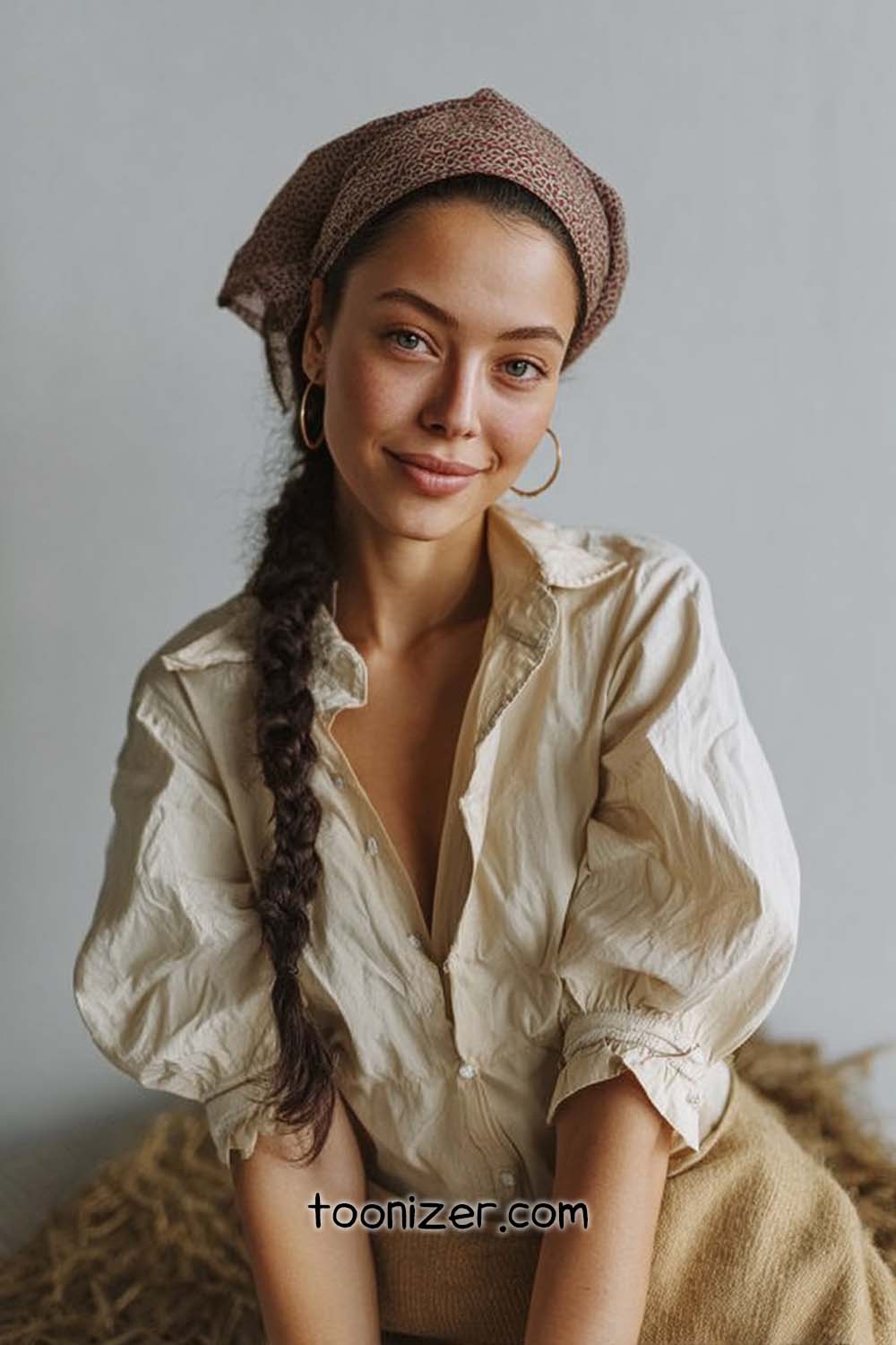 Woman wearing headscarf and cream blouse, smiling.