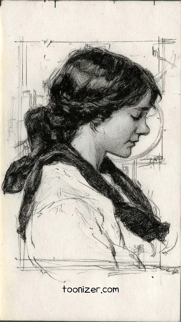 Pencil sketch of a woman in profile view.