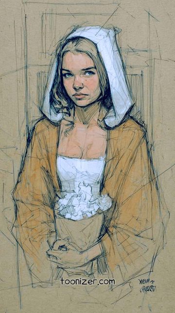 Sketch of woman in hooded garment holding bag.