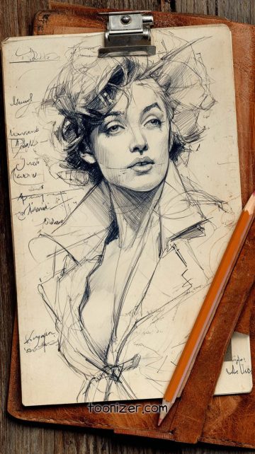 Sketch of woman with pencil and clipboard.