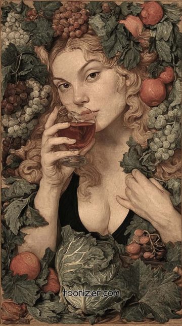 Woman in traditional painting with fruit and leaves