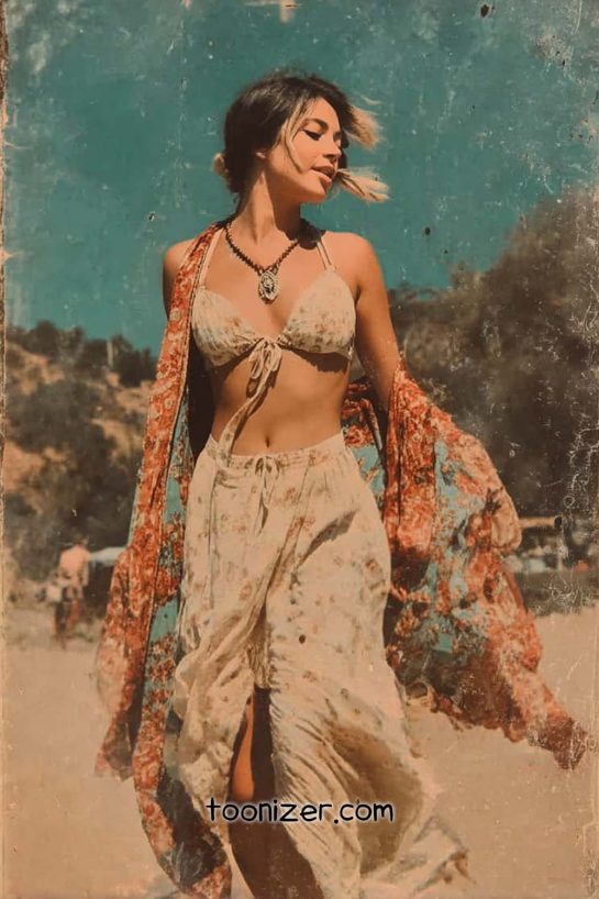 Stylish woman in boho outdoor setting