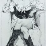 Sketch of woman in boots sitting on chair
