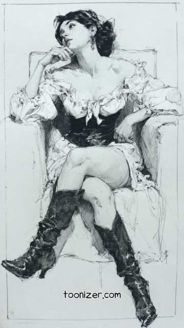 Sketch of woman in boots sitting on chair