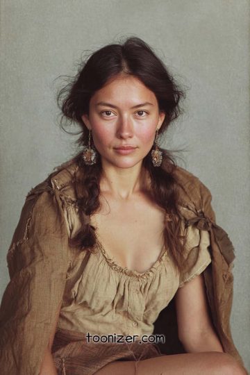 Woman in historical clothing with braids and earrings
