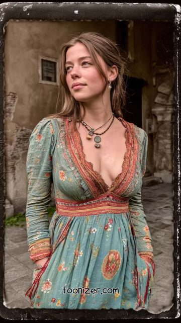 Woman in vintage floral dress outdoors