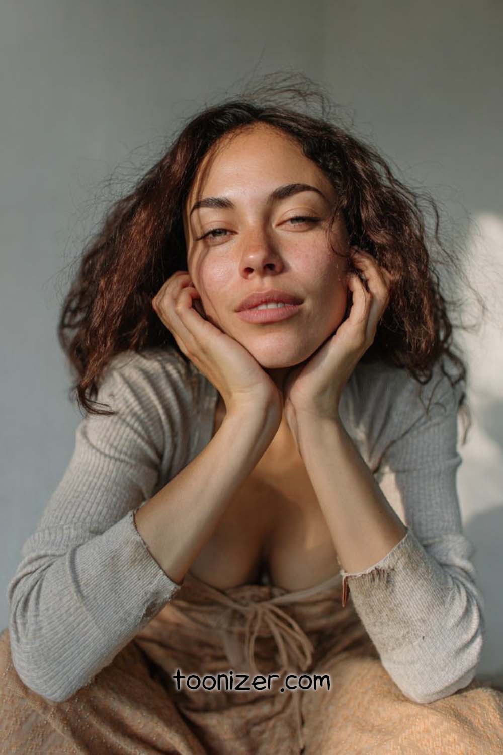 Woman posing with natural light and curly hair.