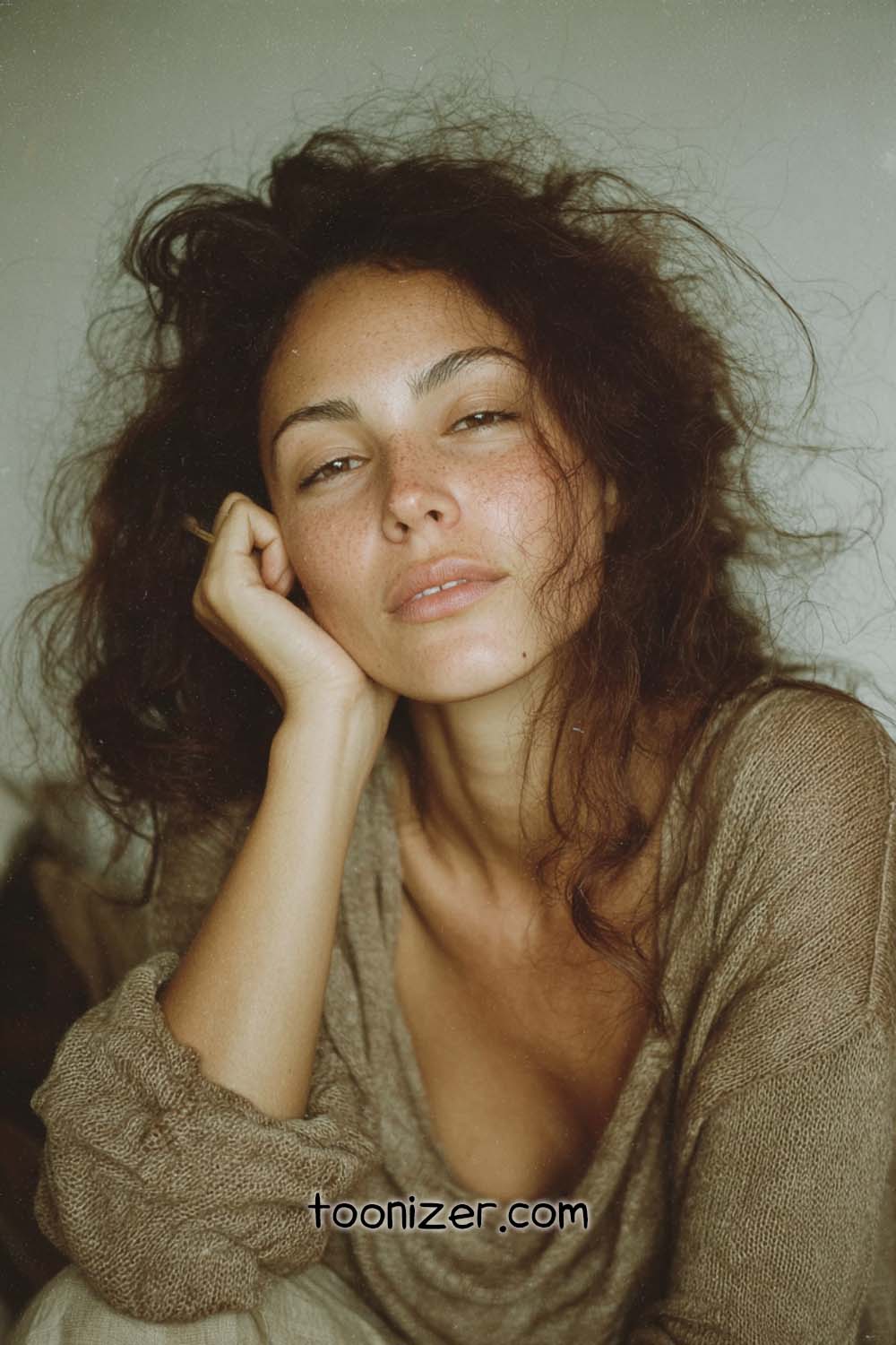 Woman with tousled hair and relaxed expression.