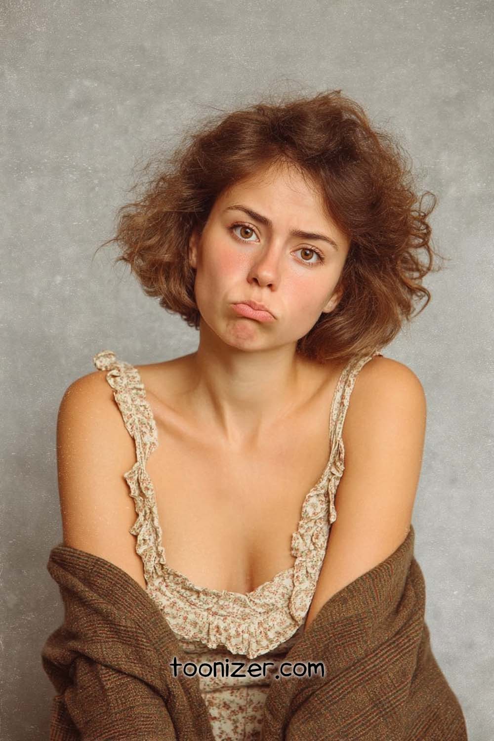 Woman with a pouting expression, wearing floral top.