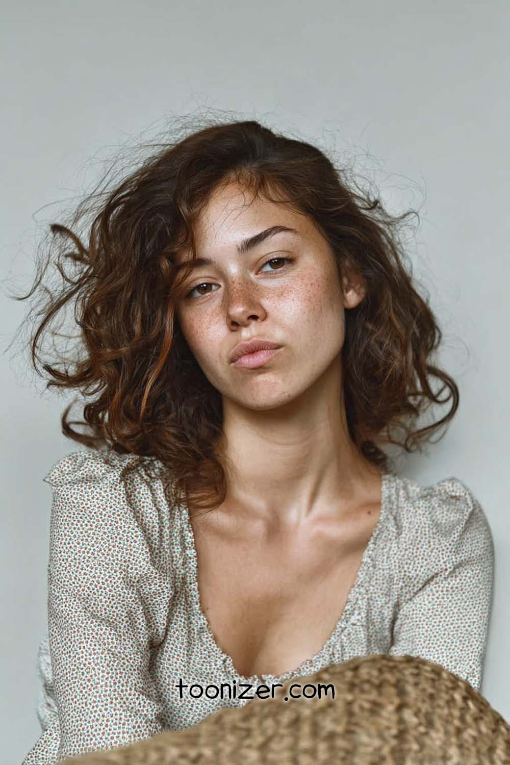 Portrait of a woman with curly hair.