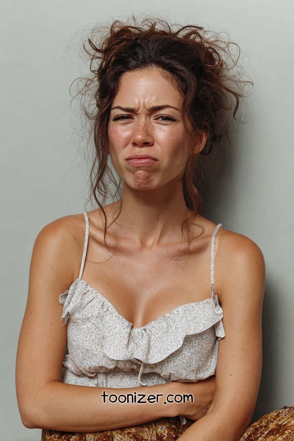 Woman making a displeased face expression.