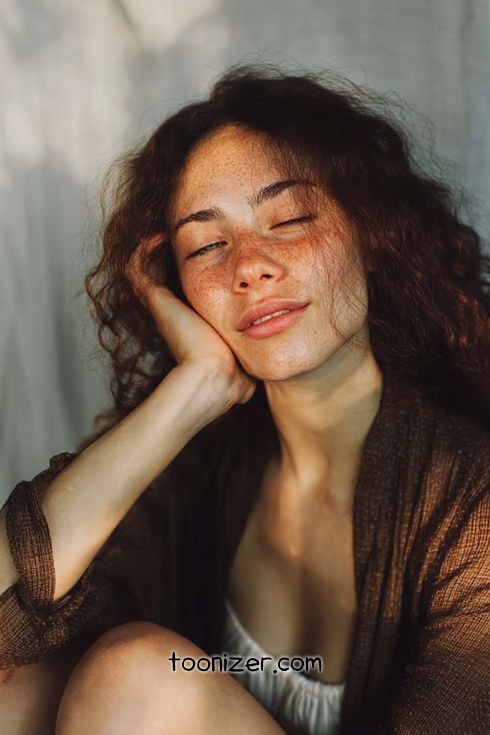 Woman with curly hair and freckles, relaxed pose.