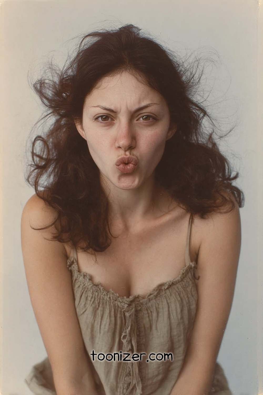 Woman making playful face with puckered lips.