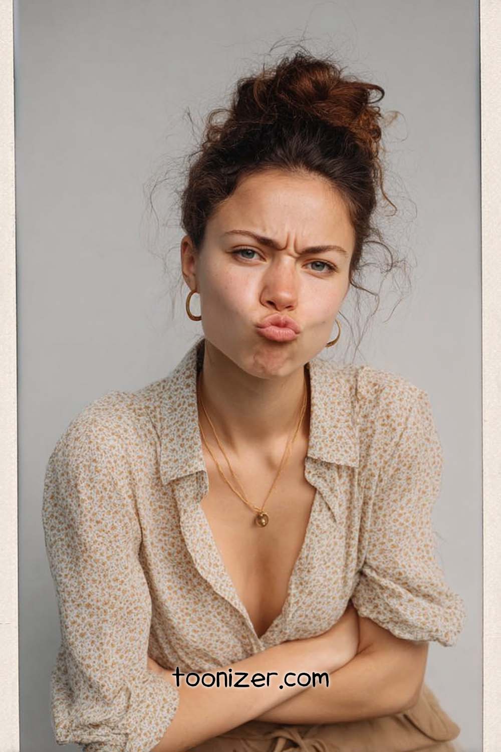 Woman with playful facial expression, casual attire.