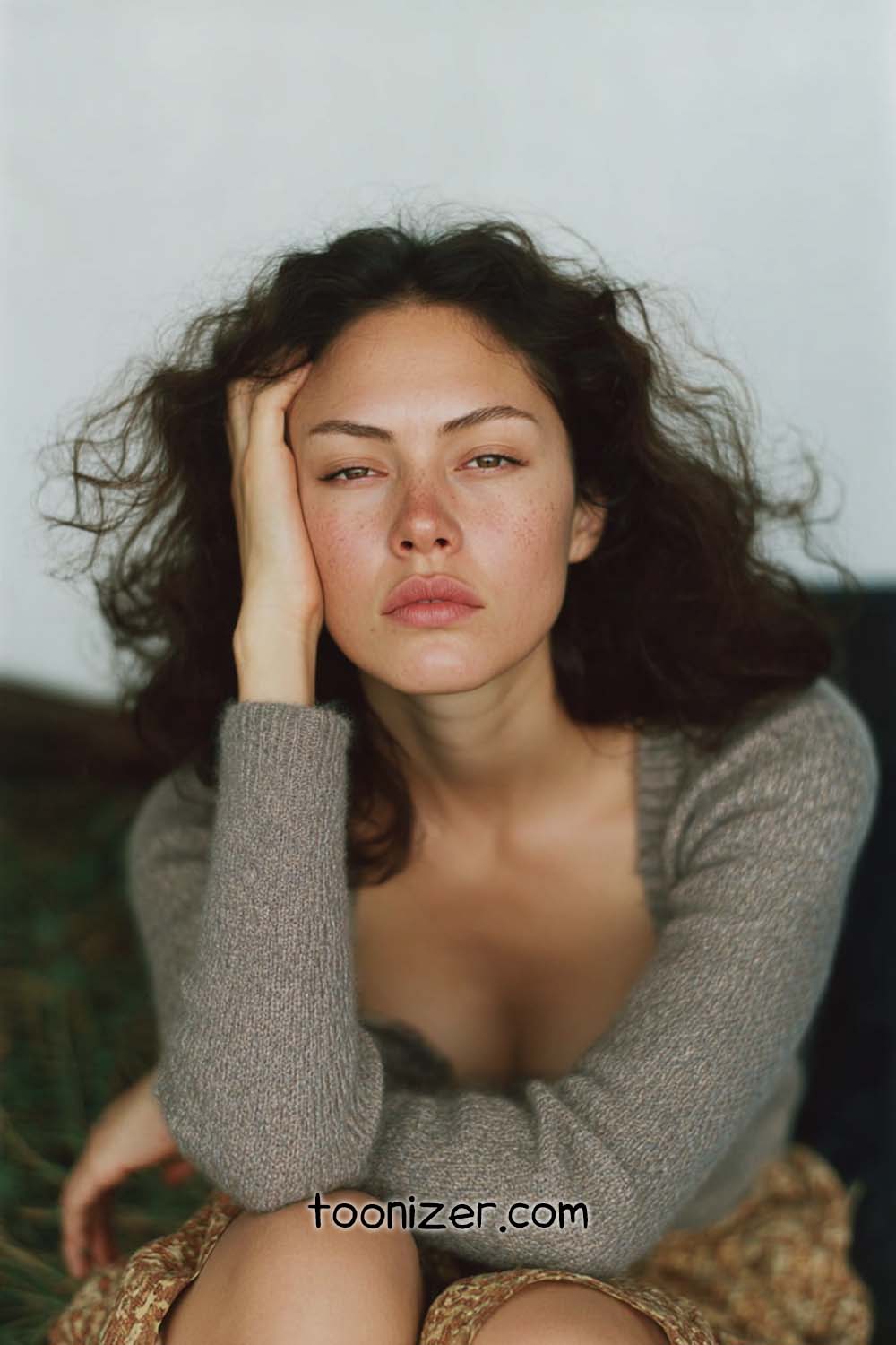 Pensive woman with curly hair sitting indoors.