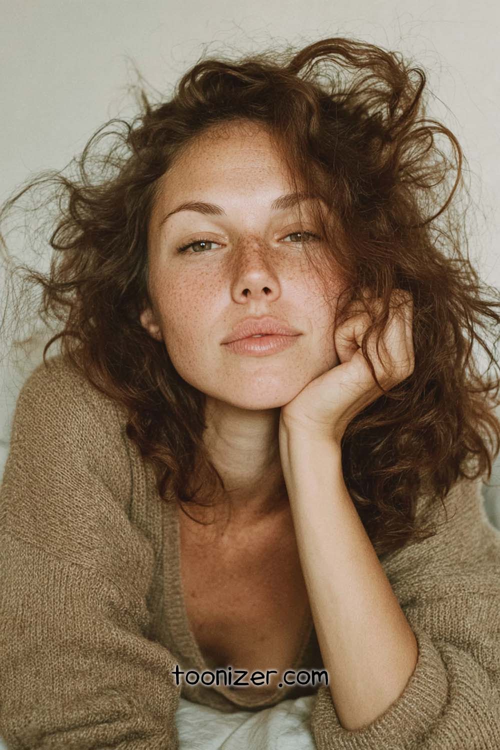 Woman with curly hair and freckled face.