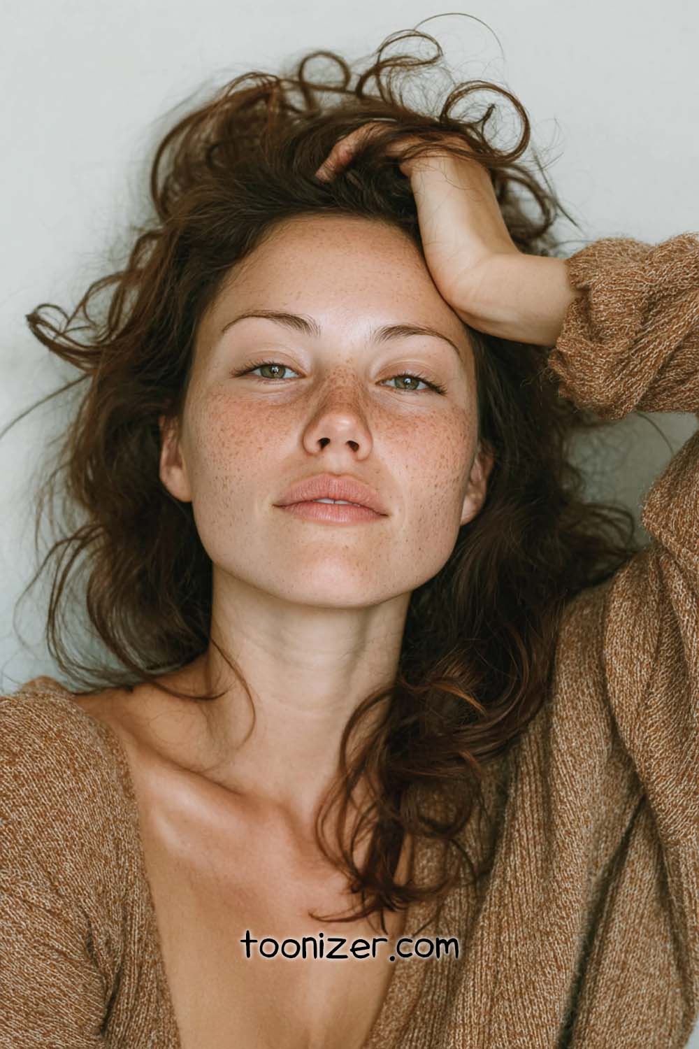 Woman with freckles, brown sweater, relaxed expression