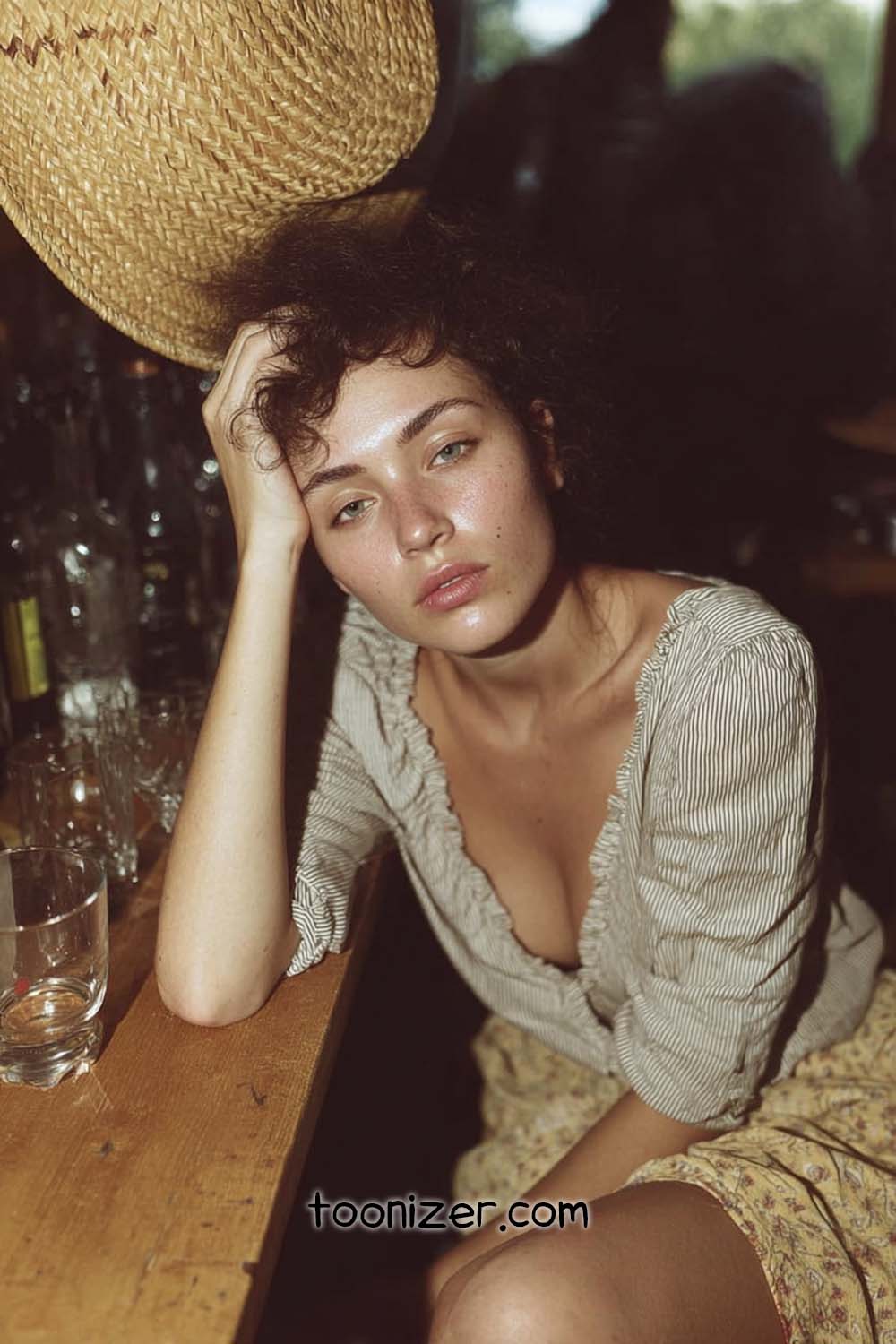 Woman with curly hair holding a straw hat.