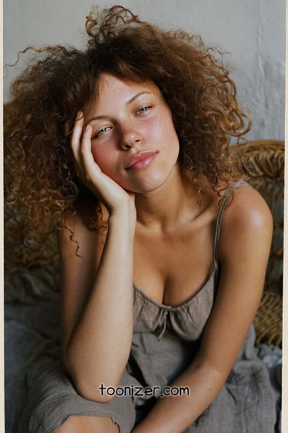 Woman with curly hair sitting, resting head on hand.