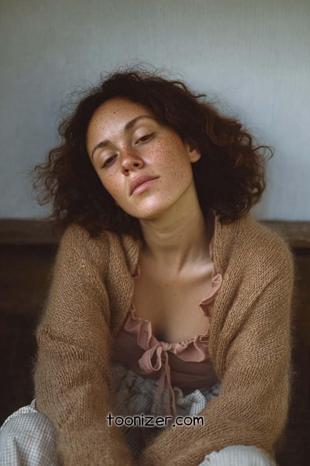 Woman with curly hair wearing cozy sweater