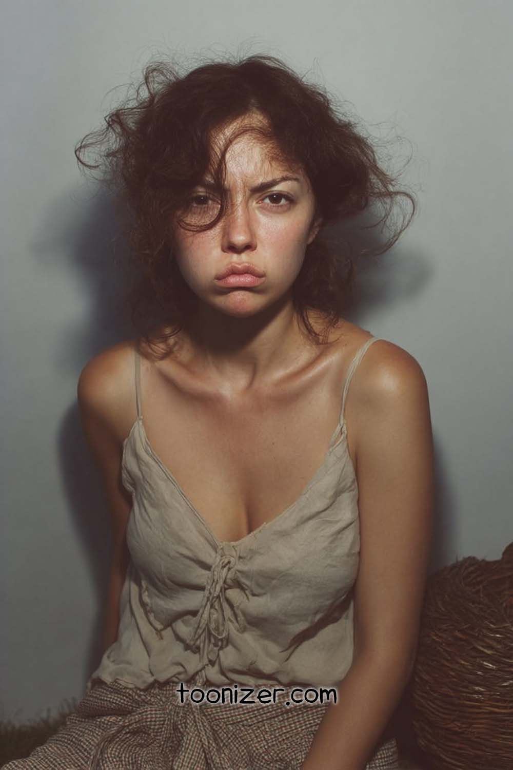 Woman with curly hair looking serious