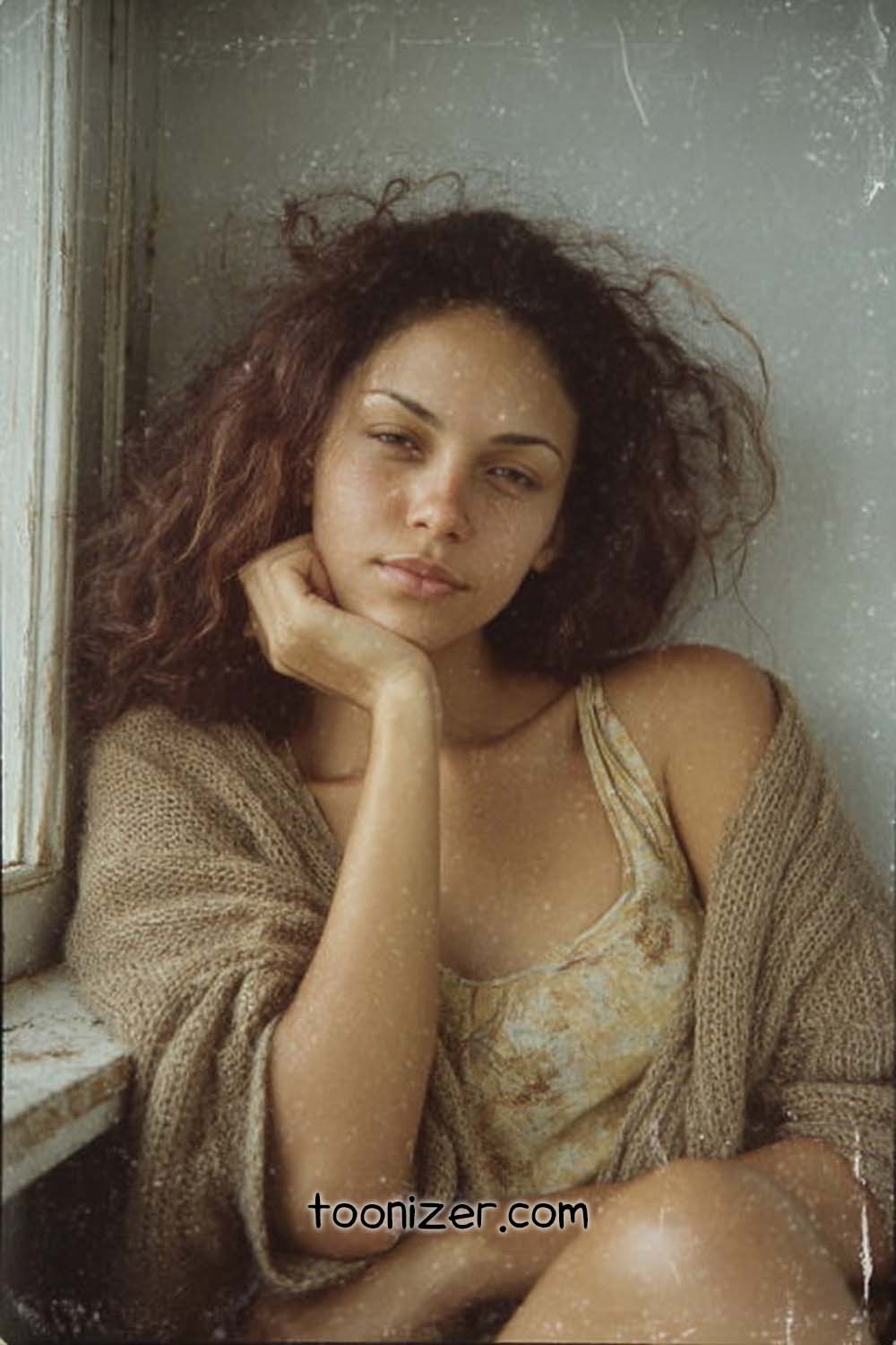 Woman sitting by the window, thoughtful expression