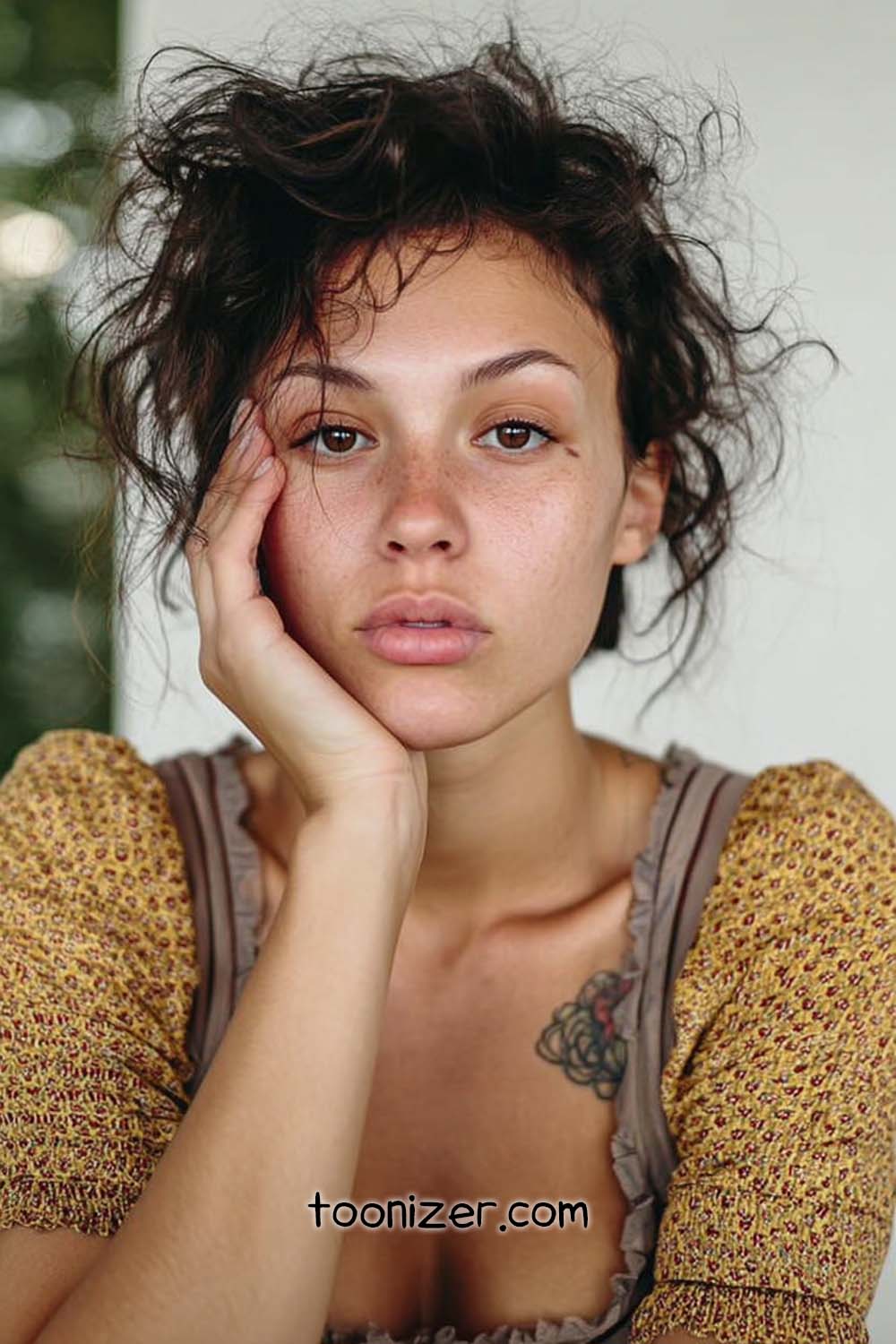 Woman with tousled hair and thoughtful expression