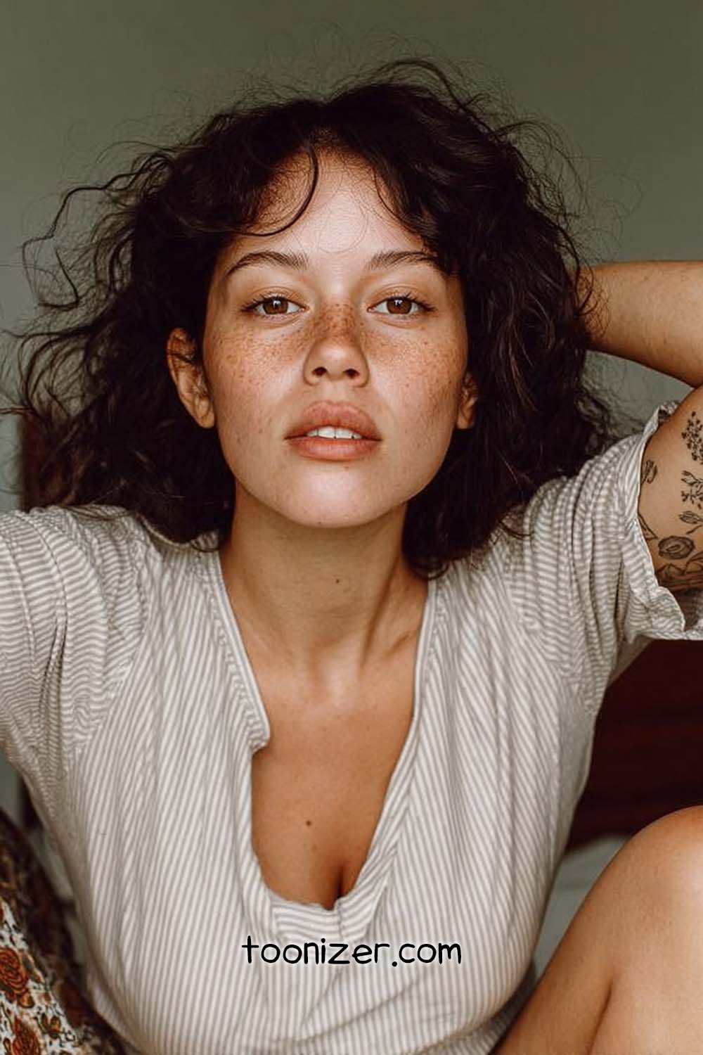 Woman with curly hair and freckles relaxing indoors.