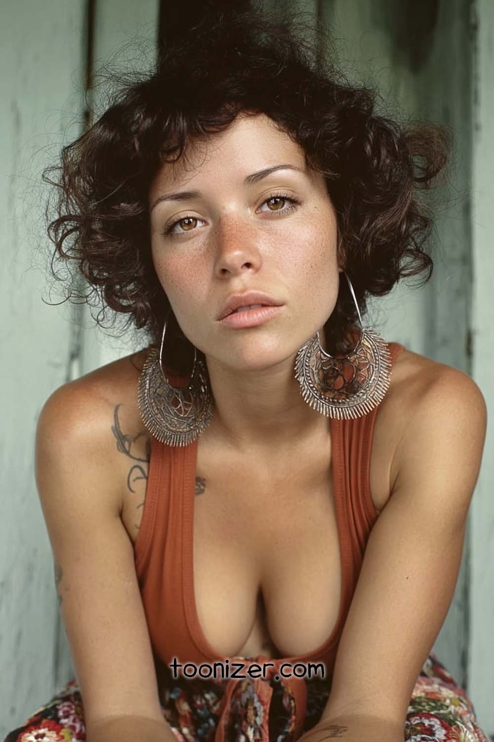 Woman with curly hair and hoop earrings