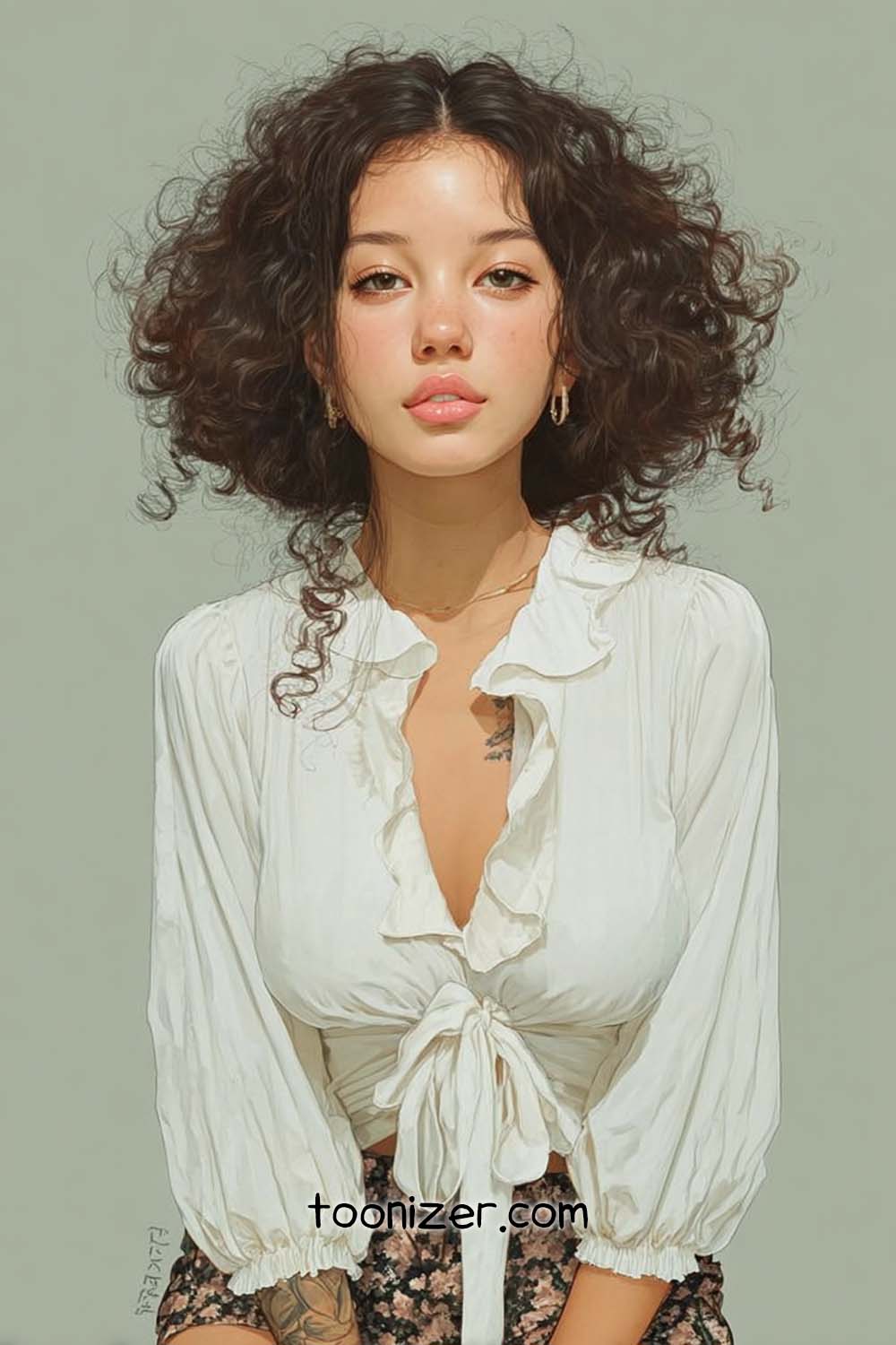 Illustration of woman with curly hair, white blouse.