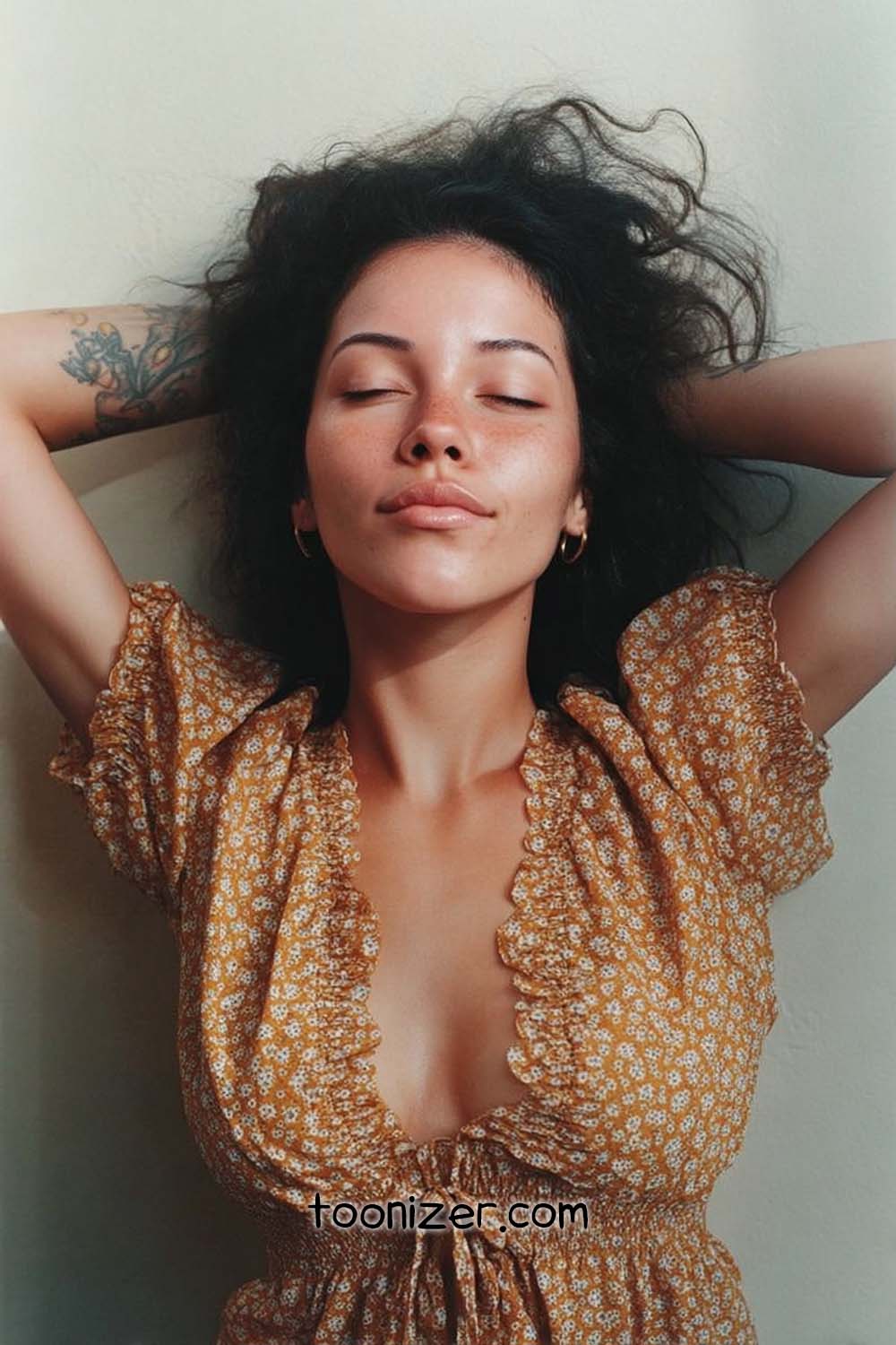 Woman relaxing with eyes closed in floral dress.
