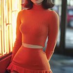 Woman in orange outfit near neon light.