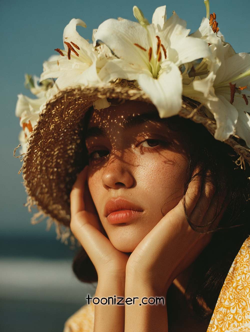 Woman with floral hat in sunlight