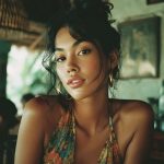 Person in colorful dress with gold earrings.