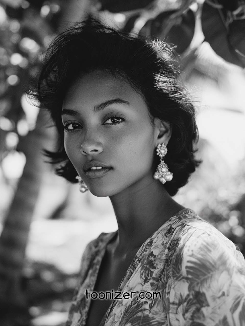 Black and white portrait with floral dress, earrings.