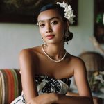 Woman with flowers in hair, elegant jewelry