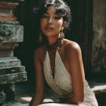 Woman in elegant lace dress outdoors