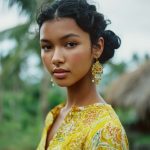 Woman in yellow dress with earrings outdoors.