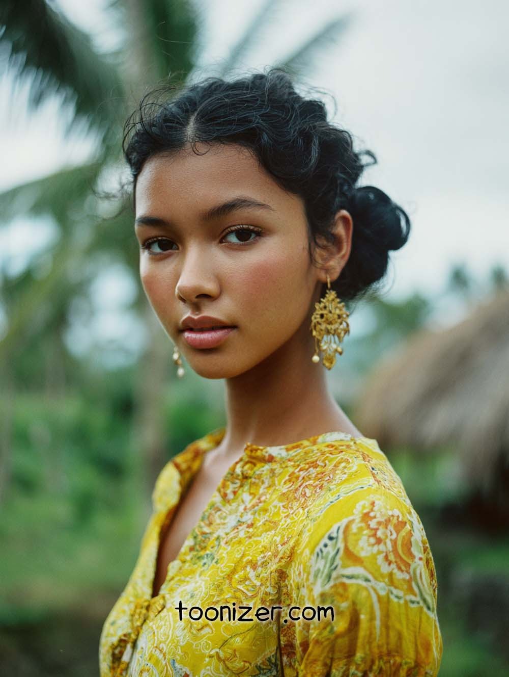 Woman in yellow dress with earrings outdoors.