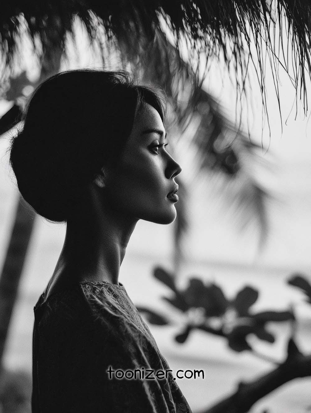 Profile portrait of woman in nature, black and white.