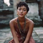 Woman in patterned dress, sitting outdoors.