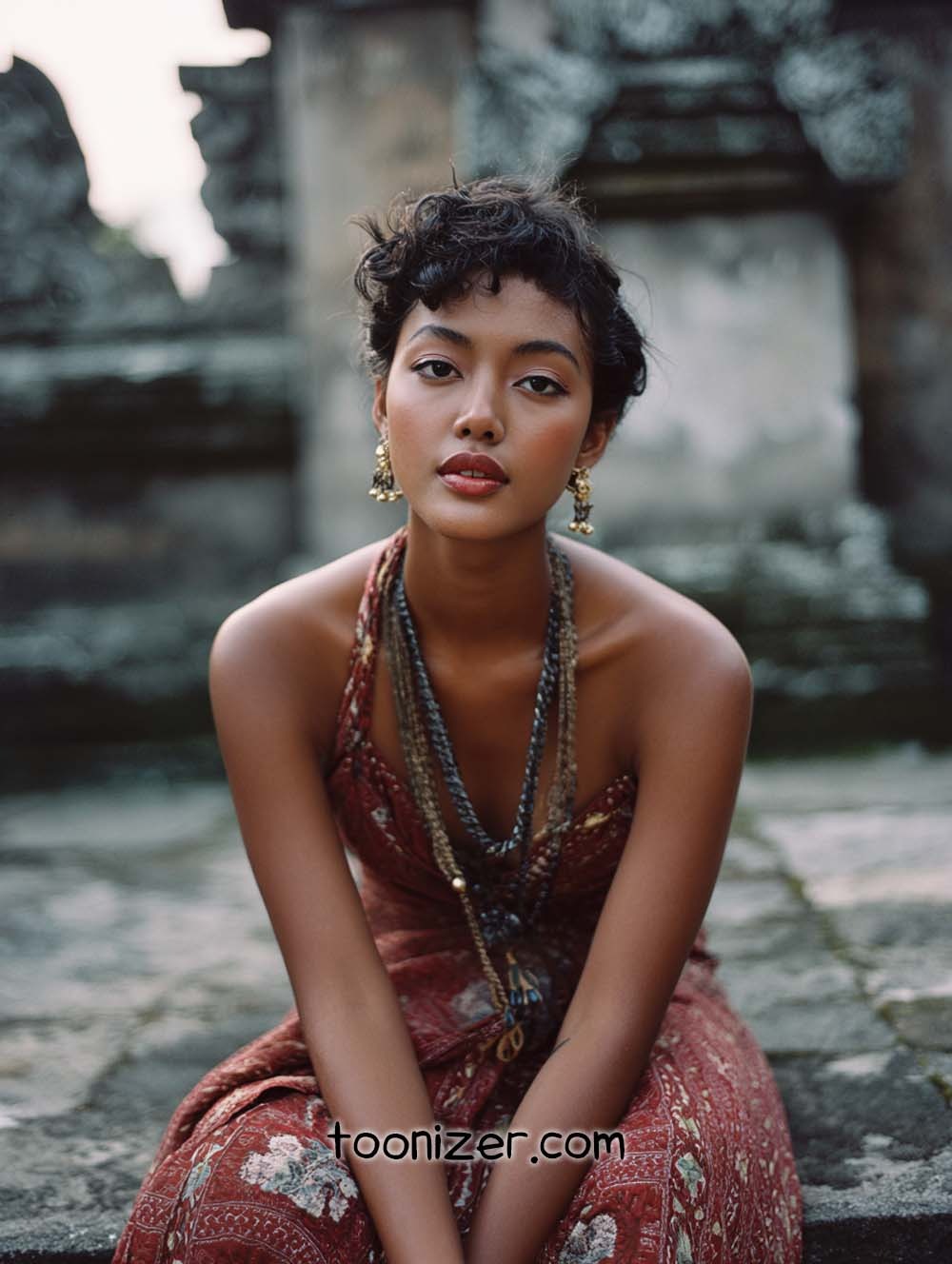 Woman in patterned dress, sitting outdoors.