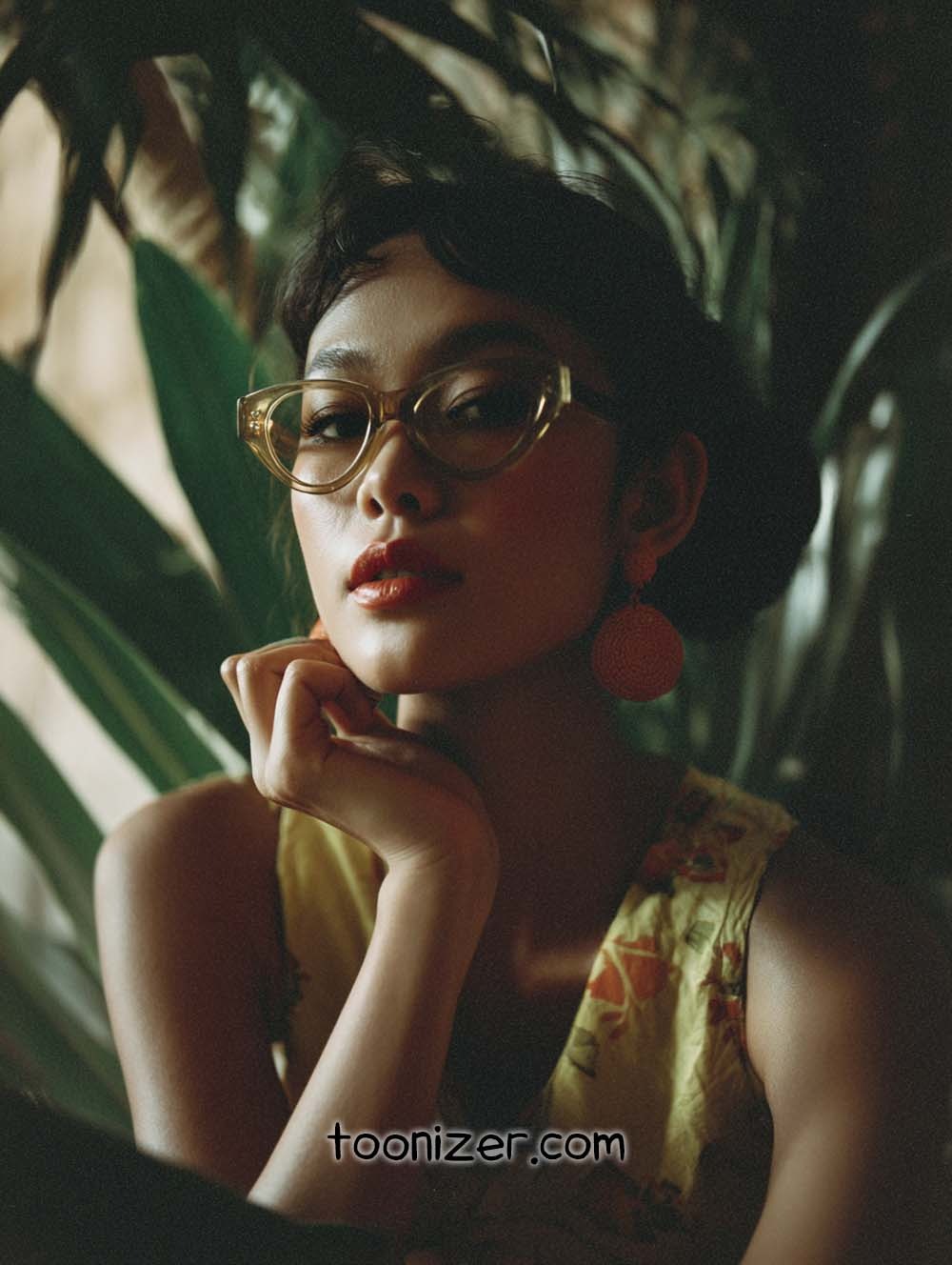 Woman with glasses in a tropical setting.