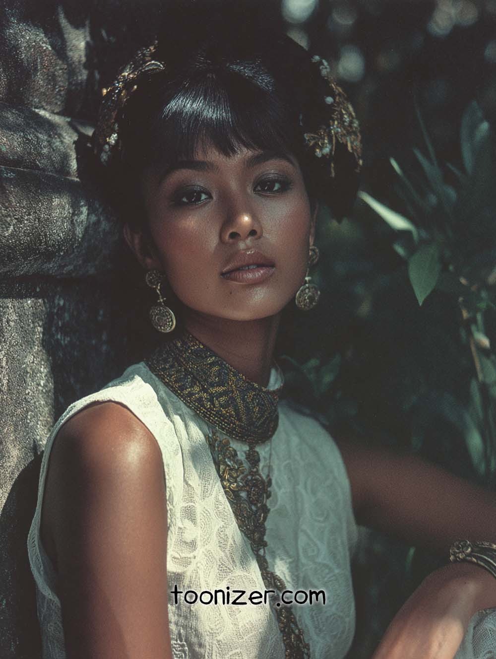 Woman in traditional attire near stone wall