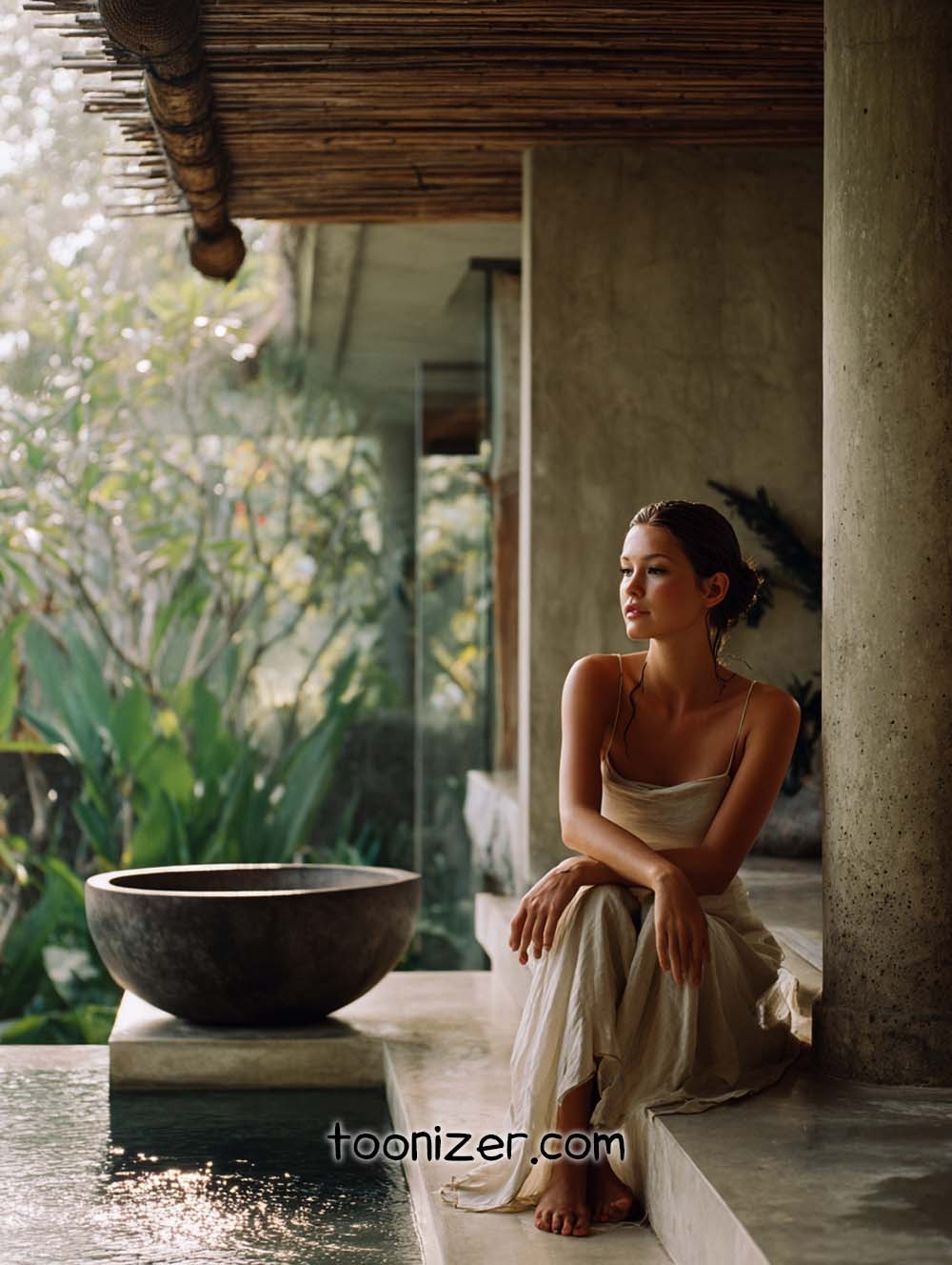 Woman sitting by pool in tropical setting.